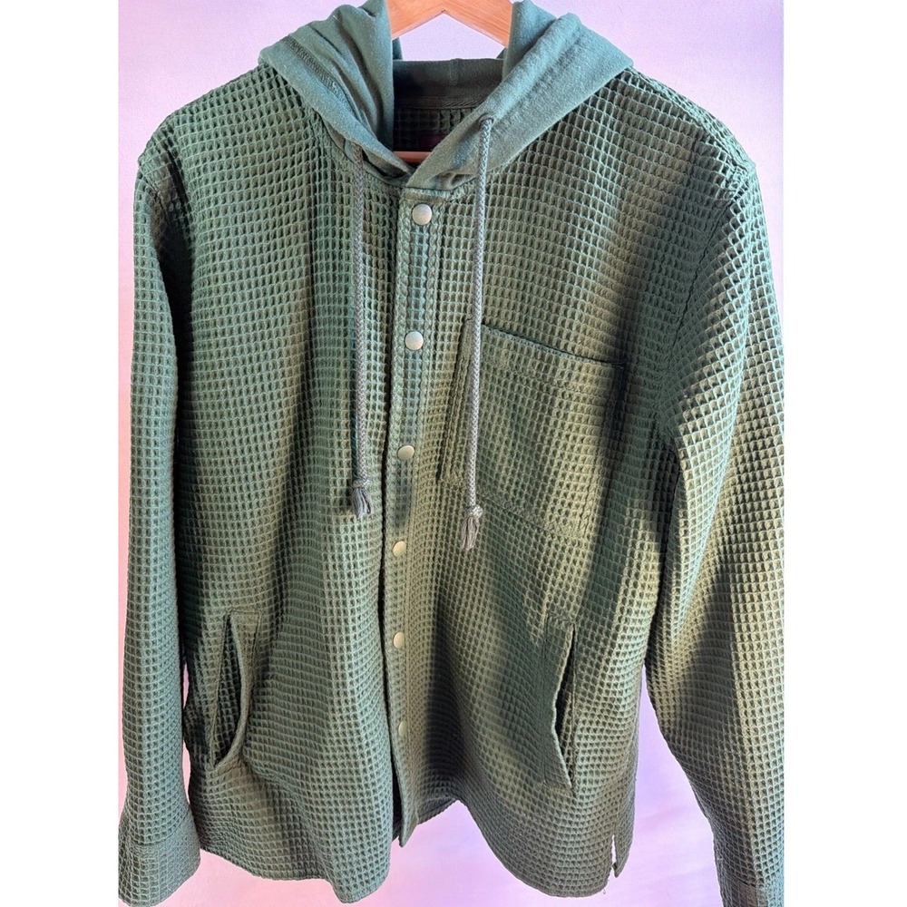 Original Use Men's Waffle Knit Snap Button Down Hooded Top Green Medium